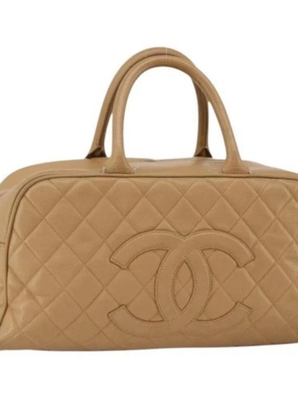 CHANEL Matelasse Boston Bag Grained Calf Skin Beige Gold CC Auth mr2295